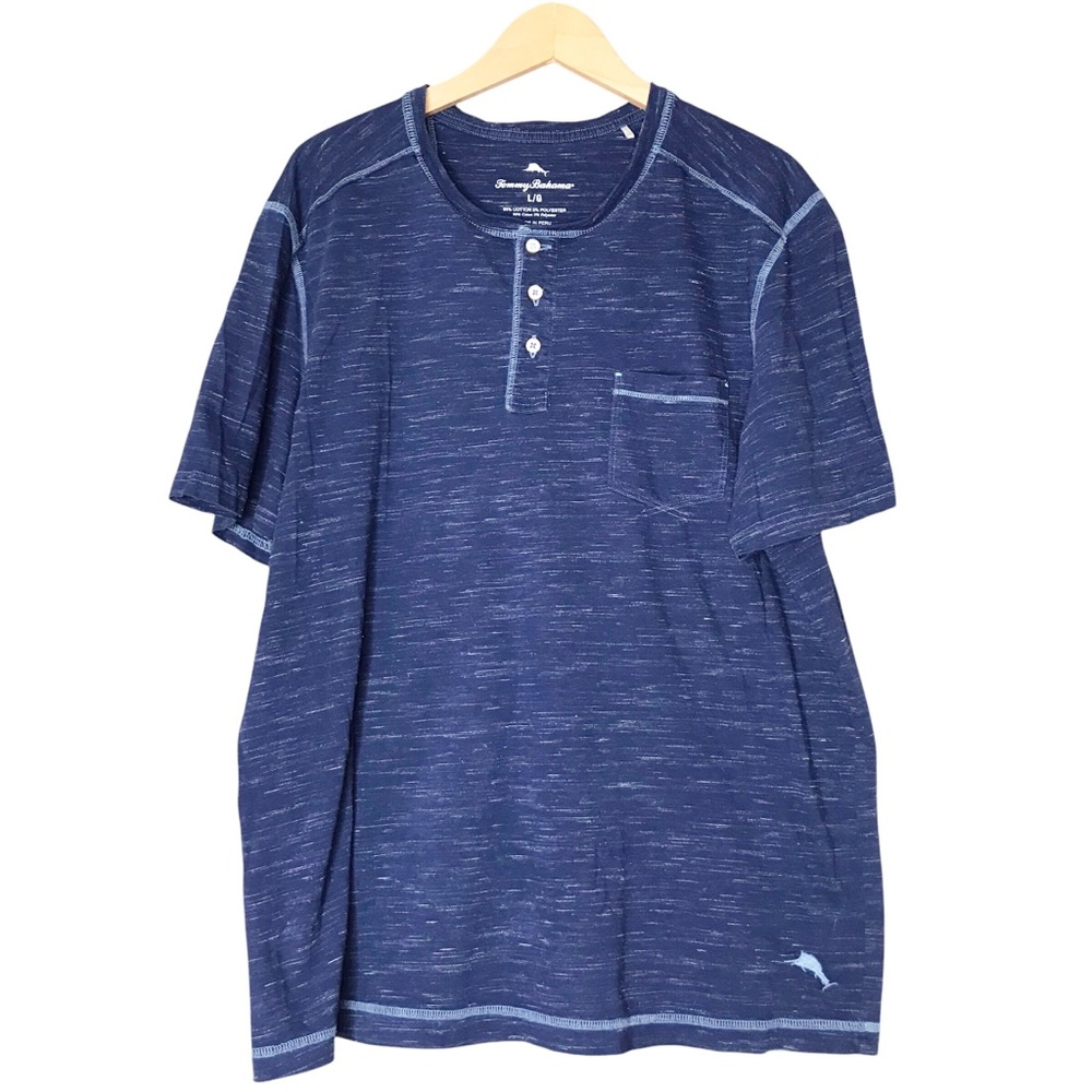 Tommy Bahama Short Sleeve Tee Henley Heathered Blue Cotton Blend T-Shirt Large